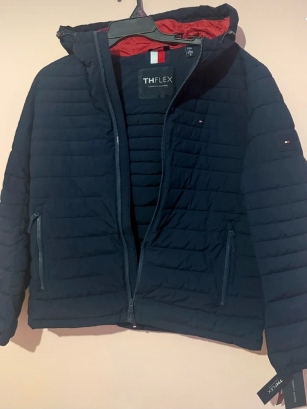 Tommy Hilfiger Navy Quilted Hooded Puffer Jacket with Red Lining